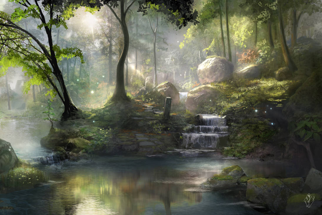 Artist rendering or small waterfall set in permaculture forest